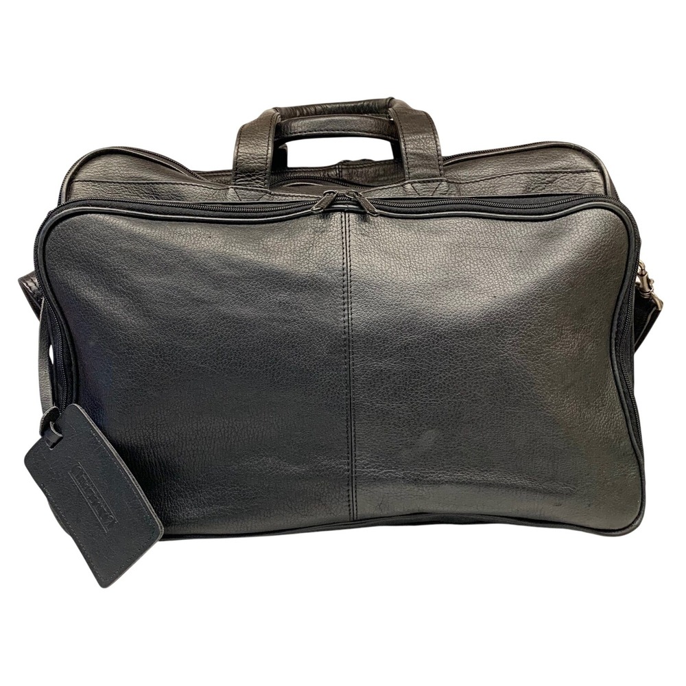 Lands End Black Pebbled Leather Briefcase Messenger Bag Laptop Travel Multi-Zip